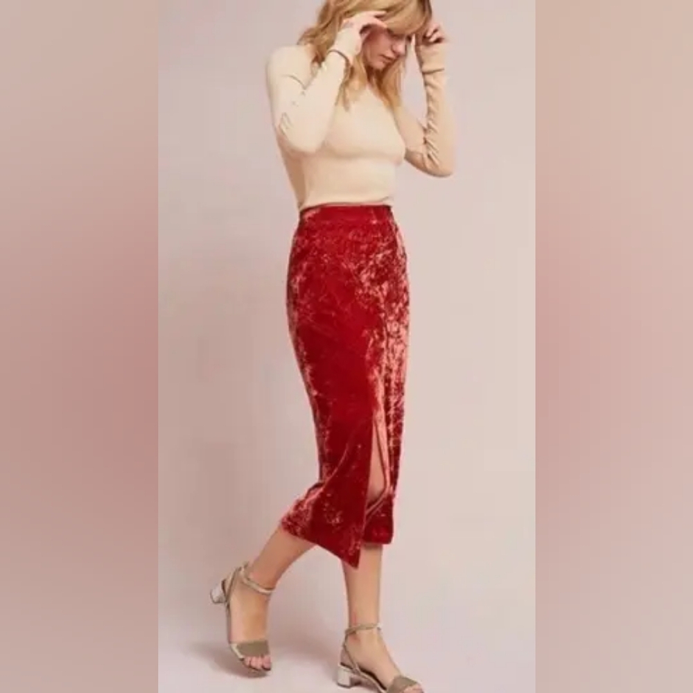 Maeve Anthropologie Burnt Orange Crushed Velvet Maxi Skirt In 14